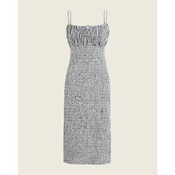 J Crew Smocked Black White Gingham Tie Front Midi Dress Bodycon Fitted NWT 00 - Picture 1 of 14